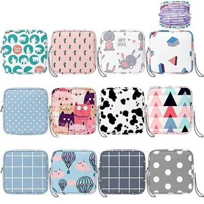 Paterr 12 Pcs Sanitary Napkin Storage Bag Set Portable Period Pouch with Lanyard for Menstrual Pad Bags Back to School First Period Gift for Teen Girls (Cute Style)