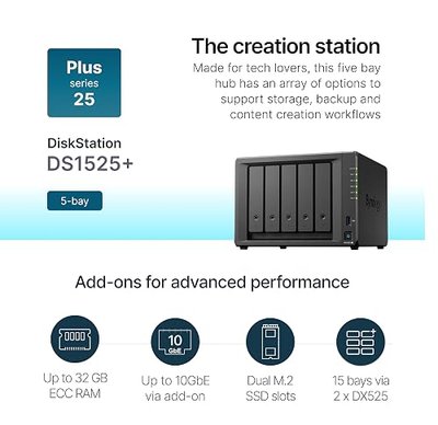 Synology DS1525+ Video Editing & Production Server - Scale to 300TB, 10GbE Ready & Multi-User Workflows (5-Bay Diskless NAS)