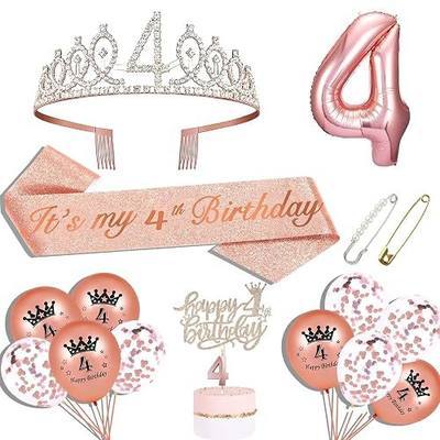 Hysilla 4th Birthday Decorations for Girls - Sash, Crown, Cake Topper, Balloons, Pin and Candle Set - Rose Gold