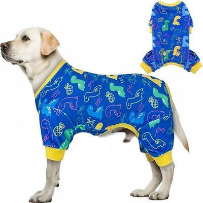 KYEESE Velvet Dog Pajamas Soft Onesie for Daily Wear, Blue Dinosaur | 4-Way Stretch, Lightweight & Breathable, Reduces Shedding, Gentle on Sensitive Skin, Recovery Support, Easy Potty Breaks