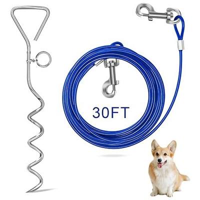 Relux 30FT Dog Tie Out Cable & Stake,360° Tangle Free Leash Blue | 30FT outdoor leash,heavy-duty spiral stake,yard,running, hiking, camping; small to medium dogs,small dog tie out cable
