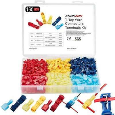 Chanzon T-Tap Wire Connector Quick Splice Kit 22-18,16-14,12-10GA AWG Self-Stripping Disconnect PA Insulation Spade Crimp Terminal Multi Color Assorted Through Cable Contact 160 pcs/80 Pairs