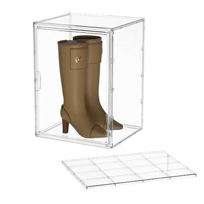Attelite XXX-Large Clear Display Case Stackable Plastic Storage Bins with Lid, 2 Tiers Boot Shoe Box Organizers with an Adjustable Divider, Big Acrylic Display Storage Box with Magnetic Door