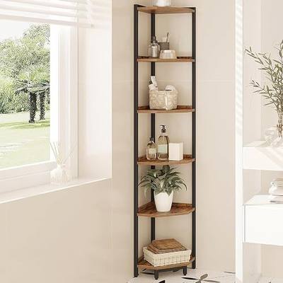 Hzuaneri Corner Shelf Stand, Corner Bookshelf with Metal Frame | Storage Standing Shelf Unit Plant Stand, Bookcase for Living Room, Home Office, Bedroom, 6-Tier Rustic Brown CS06001B