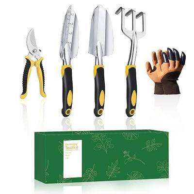 Heavy Duty Gardening Tool Set with Non-Slip Rubber Grip, 5 Pcs Growing Tools Hand Trowel, Hand Rake, Hand Shovel with Scale, Pruning Shear and Gloves Gardening Hand Tool for Women Men