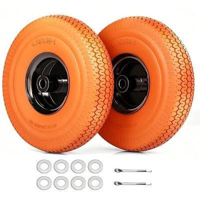 4.10/3.50-4 Flat Free Tire, 10 Inch Solid Tires with 5/8" Axle Bore Hole, for Go Kart Wheels, Hand Truck Wheels, Gorilla Cart Tires, Dolly Wheels Replacement, 2 Pack Orange Sets