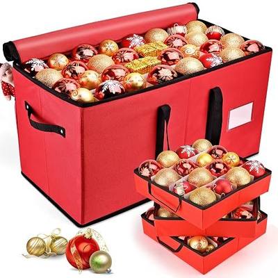 Mrrihand Christmas Ornament Storage Box, Ornament Storage Container with 8 Trays-Xmas Decoration Organizer Keeps 128 Holiday Ornaments 3-Inch, Dual Zipper Closure, 600D Tear-Proof(Red)