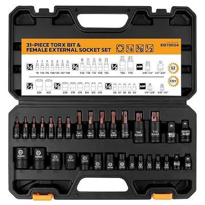 31-Piece Torx Bit Socket Set: Premium CR-V & S2 Alloy Steel, Star T8-T70 & E-Torx E4-E24, High Torque Laser Marked for Automotive Mechanic