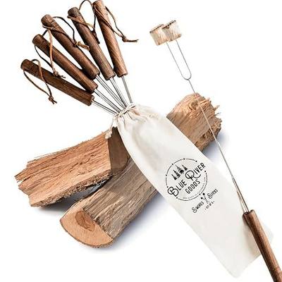 Blue River Goods Smores Sticks | Set of 6 Marshmallow Roasting Sticks | Extendable Stainless Steel w/Walnut Handles | Smore Sticks for Marshmallow Sticks for Fire Pit | Smore Sticks for Fire Pit