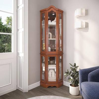 BELLEZE Lighted 3-Side Glass Display Curio Cabinet w/Tempered Glass Doors and Shelves, Curved Wood Corner Cabinet with Bulb, Corner Storage Rack for Living Room and Kitchen (Oak)