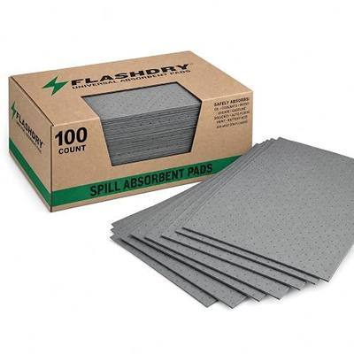 FLASHDRY Universal Spill Absorbent Pads, 100-Count Dispenser Box, 17.5" x 13.5", Absorbs Oil, Grease, Coolant & Solvents, for Garages, Warehouses, Factories & Industrial Facilities