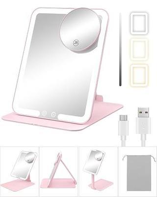 Gospire Travel Makeup Mirror with Lights and Magnification 10X, Portable Make Up Compact Tabletop Mirror with Adjustable Stand, 3 Colored Lights Rechargeable Lighted LED Vanity Mirror - Pink