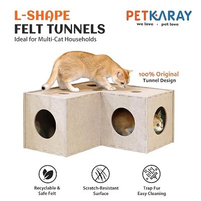 PETKARAY Cat Tunnel, Original Cat Hideaway Cave for Indoor Cats, Large Kitten Play Tubes and Tunnels, Soft Felt Cat Toy with Interactive Peek Hole, Beige L Shape