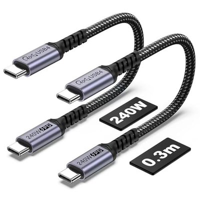 USB 4 Cable 1FT 40Gbps, 2 Packs, USB C to USB C 240W, 8K Video Monitor