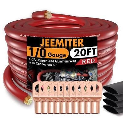 Jeemiter 1/0 Gauge Wire CCA Copper Clad Aluminum (20FT Red) - Battery Cable,Power/Ground Cable for Car Amplifier,Big 3 Upgrade,Auto with Lug Terminal Connectors & 3:1Heat Shrink Tubing