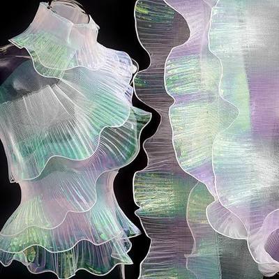Ganeen 16 Yard Ruffle Pleated Iridescent Ribbon, Jellyfish Organza Ruffle Trim, Retro Tulle Lace Fabric for Jellyfish Costume Sewing Craft Dress Hat Lantern Cake Christmas Tree Decor