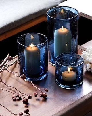 Blue Candle Holder, 8" 5" 3.5" Height Set 3 | Pillar Tealights, Modern Bubbles Glass, Hurricane Cylinder Vases, Indoor and Outdoor Use