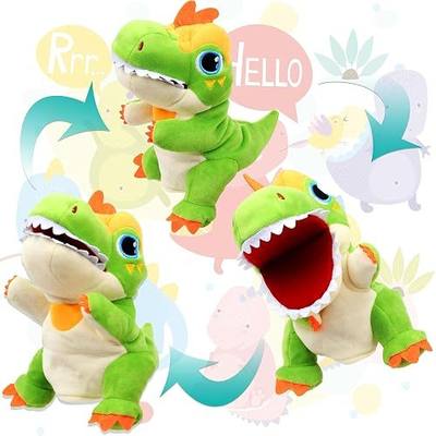 Plush Green T-Rex Hand Puppet Stuffed Animal Toy Open Movable Mouth Creative Role Play Storytelling Dinosaur Plushies Gifts for Kids Toddlers Birthday Christmas