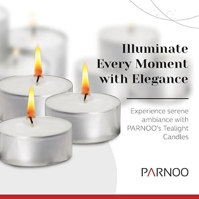 100 Pack Tealight Candles in Metal Cups - Clean White Unscented with 6 Hour Long Burning Time - Votive Candles Bulk for Romantic Dinner, Weddings, Spa & Hotels by PARNOO