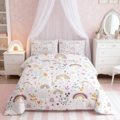 Homewish Child Boho Rainbow Comforter Set Full Size Kids Girls Floral Leaves Bedding Set 3Pcs Cartoon Pink Blue Cloud Dots Quilt Set Teens Women Room Decor Botanical Bright Duvet Insert,2 Pillowcase