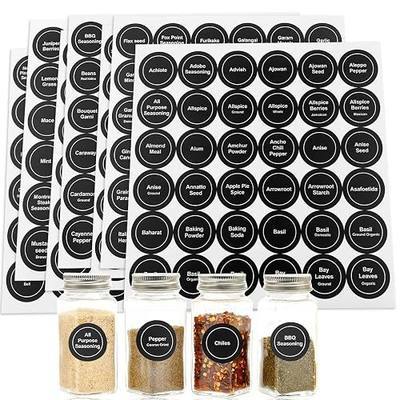 Spice Labels, 432Pcs Spice Labels Stickers 1.4in Waterproof Adhesive Round Preprinted Spice with Blank Label Black Tear Resistant Sticker for Kitchen Jars Caps Food Containers Spice Organizers