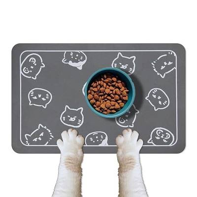 YCT Cat Food Mat for Pet Dog Feeting Mats, Cat Mat for Food and Water, Non-Slip Super Absorbent, with Multiple cat Heads Logo,18.1 x 11.8 inches, Dark Grey