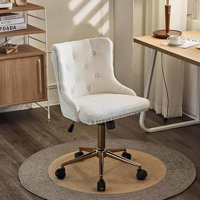 VINGLI White Teddy Fleece Armless Office Desk Chair with Gold Base/Wheels, Cute Vanity/Makeup Chair with Back for Bedroom, Upholstered Adjustable Rolling Swivel Nail Chair for Women/Girls