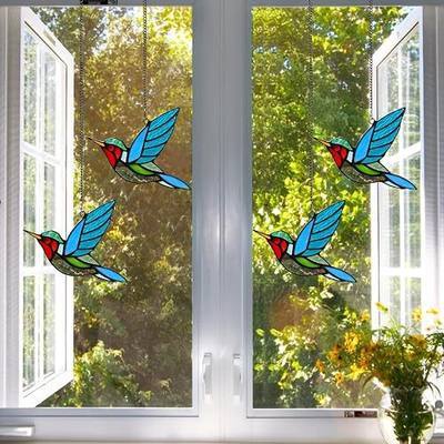 Birds Stained Glass Window Hangings, Handmade Suncatcher Hummingbirds Stained Glass Window Panels Gift for Brid Lovers/Window Decor