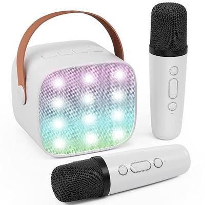 IROO Mini Karaoke Machine with 2 Wireless Microphones for Kids and Adults, Portable Bluetooth Speaker with LED Party Lights Gift for Girls Toys 4, 5, 6, 7, 8, 10+ Years Old Teens Birthday(White)