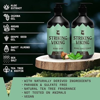 Striking Viking Beard Wash and Conditioner (Tea Tree & Biotin) - Paraben & Sulfate Free Cleansing Care for All Beard Types (10oz Per Bottle) | Paraben & Sulfate Free Cleansing Care for All Beard Types with Biotin & Jojoba Oil