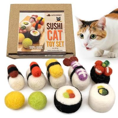 Woolbuddy Wool Cat Toys (Sushi 9 PCS) for Indoor Cats & Kittens Catnip-Free | 100% Pure Wool Felt Interactive Cat Toys, Catnip-Free for Bored Cats, Teething Kittens, Redirect Cat's Destructive Energy