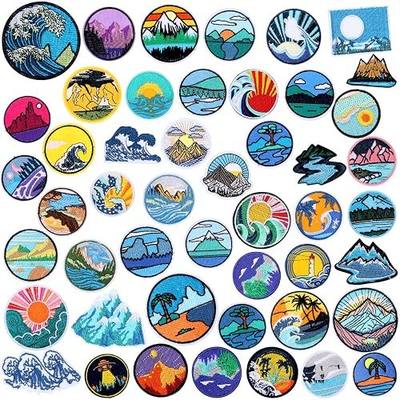Hotop 48 Pcs Camping Theme Iron on Patches Adventure Outdoor Patch Mountain Hiking Applique Backpacking Sew on Embroidered for Travel Camp Hats Jeans Jackets Clothes Backpack Cap DIY Crafts Sew Making
