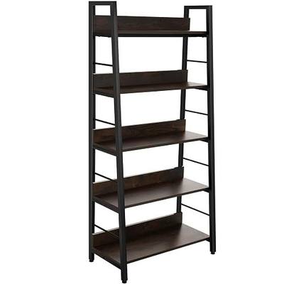 BATHWA 5 Tier Book Shelf, Rustic Industrial Ladder Bookshelf Wood Metal, Dark Brown Farmhouse 28'' Wide 59''Tall Ladder Shelf Living Room, Bedroom, Home Office