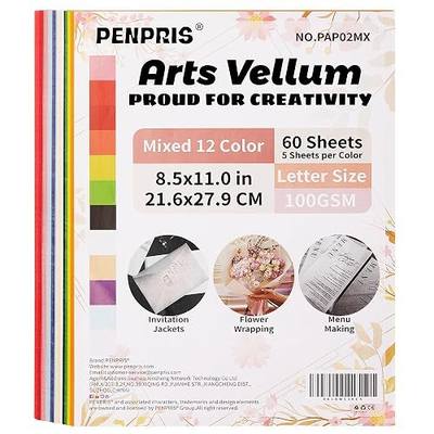 60 Sheets Vellum Paper 12 Colors 100GSM Printable Art Paper 8.5×11in | PENPRIS Tracing Sheets Translucent Décor Paper for DIY Invitations Greeting Cards Birthday Party Decor Gift Wrapping PAP02MX