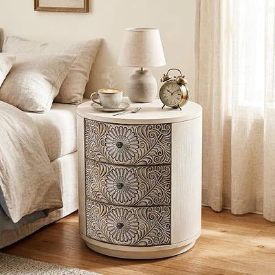 HOMPUS Round End Table with Carved Floral Pattern, Vintage Nightstand w 3 Storage Drawers, Modern 3 Drawer Dresser, Wood Retro Accent End Table for Living Room, Bedroom, Distress White