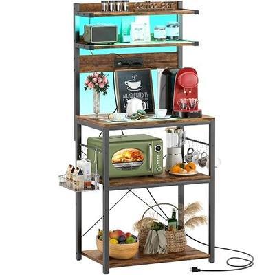 Aheaplus Bakers Rack with Power Outlet, Microwave Stand, 5 Tiers Coffee Bar Station with Led Lights, Kitchen Storage Shelf with 6 S-shaped Hooks, Kitchen Rack for Spices, Pots and Pans, Rustic Brown