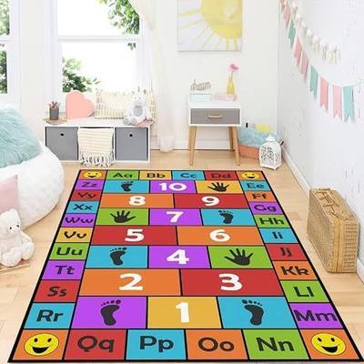 Kid Hopscotch Play Rug, ABC Alphabet Number Educational Carpet, Playroom Classroom Mat Non-Slip Washable (Red 39x59 in)