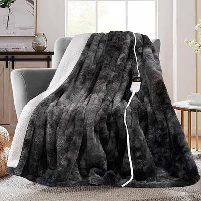 MAXEVE Electric Heated Throw Faux Rabbit Fur Blanket 8 Heating Levels | 8-Hour Auto Off, Fast Heating, Warm, Washable, Over-Heat Protection, ETL Certified, Grey