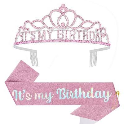 Birthday Crown and Sash Set, Glitter Its My Birthday Sash with Rhinestone Tiara for Women & Girls, Ideal for Gifts, Party Decorations, Photo Props