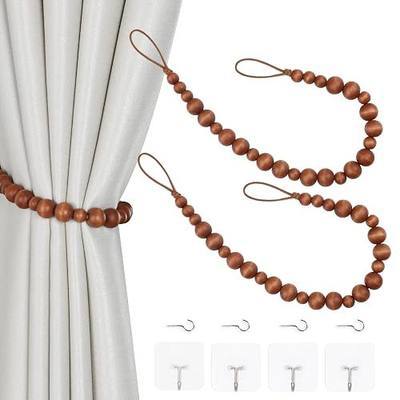 2 Pieces Curtain Tieback Wood Bead Curtain Tiebacks Curtain Holdbacks for Wall Curtain Ties Window Treatment Curtain Tie Backs with Hooks Curtain Pull Backs (Coffee,2)