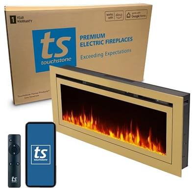 Touchstone Sideline Deluxe -Gold Smart Electric Fireplace- 60" Wide- Alexa/WiFi-Enabled- in Wall Recessed- 5 Flame Settings- 9 Flame Colors- 1,500W Heater- Log & Crystal Options- 86276
