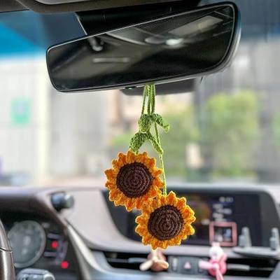 Refintural 2 Pieces Handmade Sunflower Car Accessories Sunflower Pendants Car Mirror Hanging Accessories