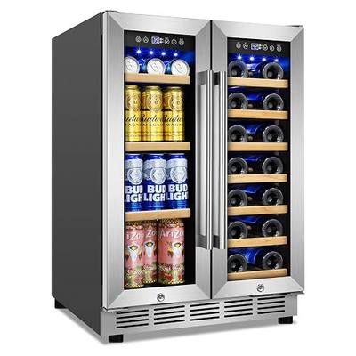 FoMup Wine and Beverage Refrigerator, 24 Inch Beverage Cooler Dual Zone with Glass Door, Built-in/Freestanding Beverage Fridge with Upgraded 20 Bottles and 90 Cans Large Capacity