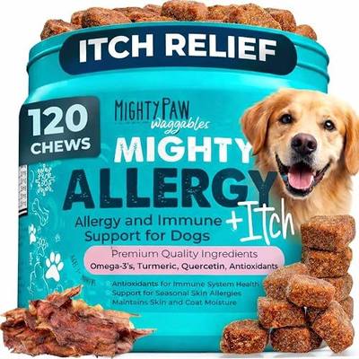 Mighty Paw Dog Allergy Chews — Anti-Itch & Immune Support, 120ct | Omega 3, Quercetin & Turmeric | Vet Formulated | Made in USA | Skin & Coat Supplement for Dogs