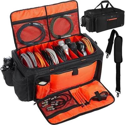 Large DJ Bag Built-in Sturdy Support Board, DJ cable bag with 9 Detachable Divider & Padded Shoulder Strap, gig bag for Professional DJ Gear, Musical Instrument and Accessories