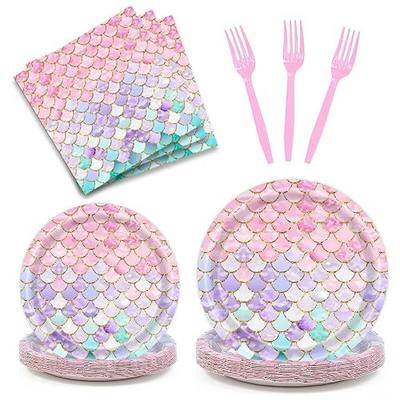 Dixutzi 96 Pcs Mermaid Birthday Party Decorations, Mermaid Party Supplies Including Paper Plate, Napkin and Fork, Ocean Theme Decor Tableware Set for Birthday, Serves 24