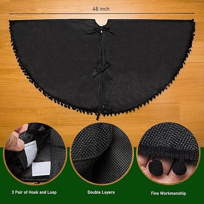 Christmas Tree Skirt, Black Christmas Tree Skirt 48 inches Soft Double Layer Burlap Tree Skirt with Pom Pom for Rustic Christmas Halloween Decorations | Soft Double Layer Burlap Tree Skirt with Pom Pom, Rustic Christmas Halloween Decor