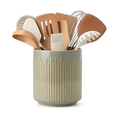 JIEMEI HOME Kitchen Utensil Holder, Ceramic Stable Utensil Crock for Countertop, 7.2" Large Utensil Organizer with Cork Mat, Removable Bamboo Divider for Kitchen Décor and Accessories, Wild Sage Earth