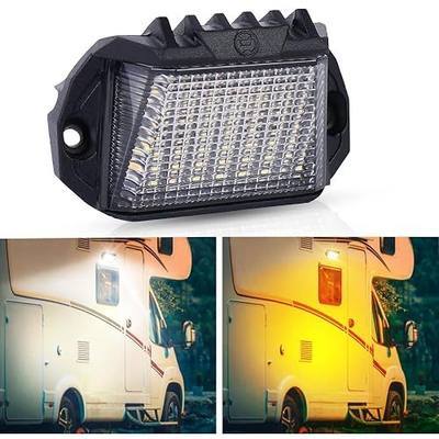 RV LED Exterior Porch Light, 39 LED Dual Color 12V Camper Trailer | 1300LM White/1000LM Amber,IP68 Waterproof,Die-cast Aluminum,270° Wide Beam,2-Wire Easy Install,Fit Trailers,Campers,Trucks,