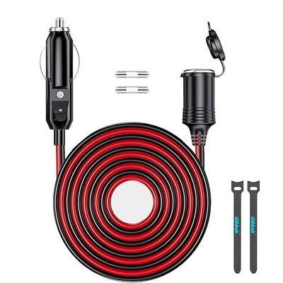 13FT 12V/24V Heavy Duty Cigarette Lighter Extension Cable 16AWG, 156W/15A Male Plug to Female Socket Adapter Cord with 2 * 15A Fuse and LED Lights for Inflator, Tire Pump, Air Compressor